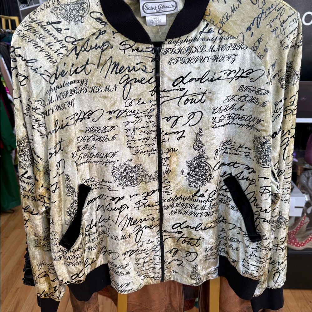Chic Women's Black and Gold Script Bomber Jacket
